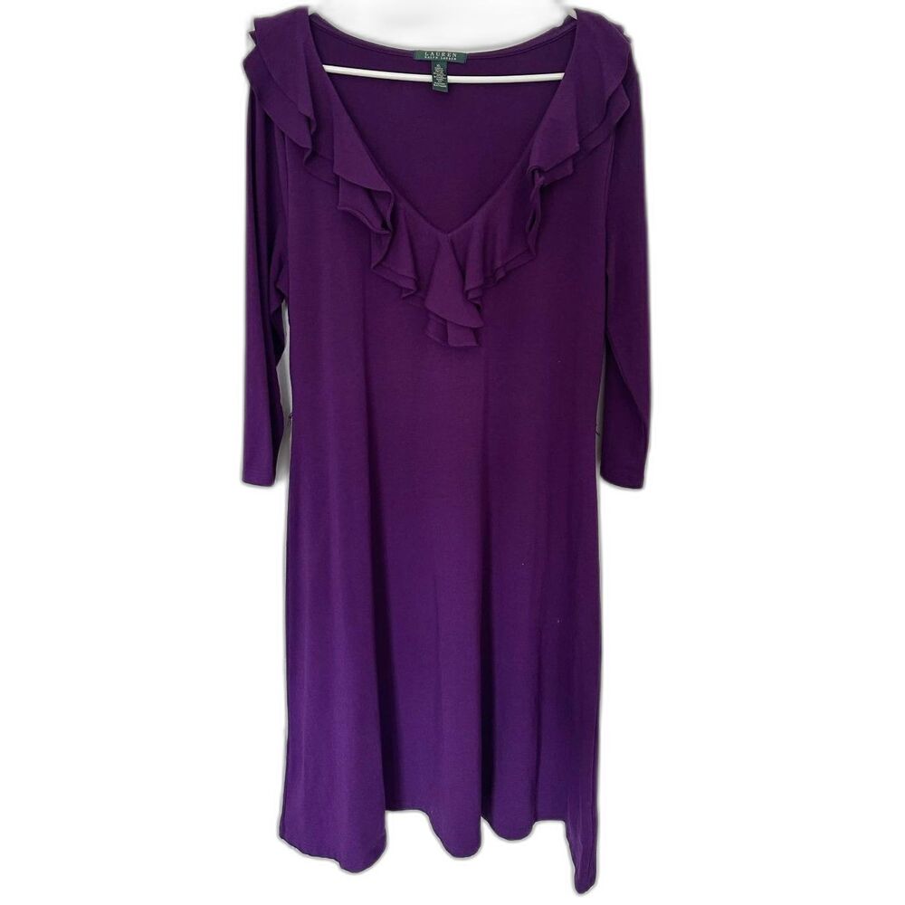 Lauren Ralph Lauren Purple Ruffle V-Neck Jersey Dress XL - Cotton Modal - Picture 2 of 6